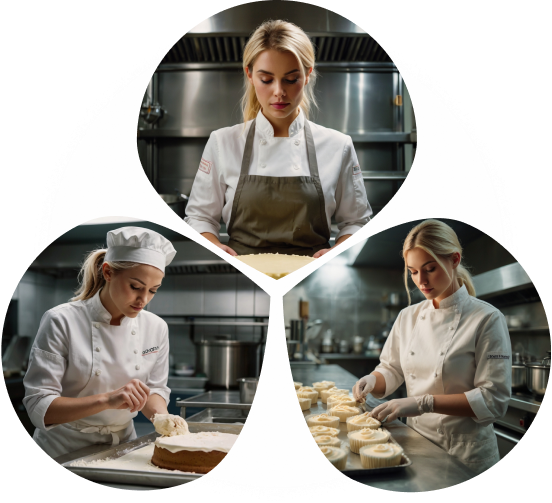 confeiteira trabalhando em três imagens diferentes